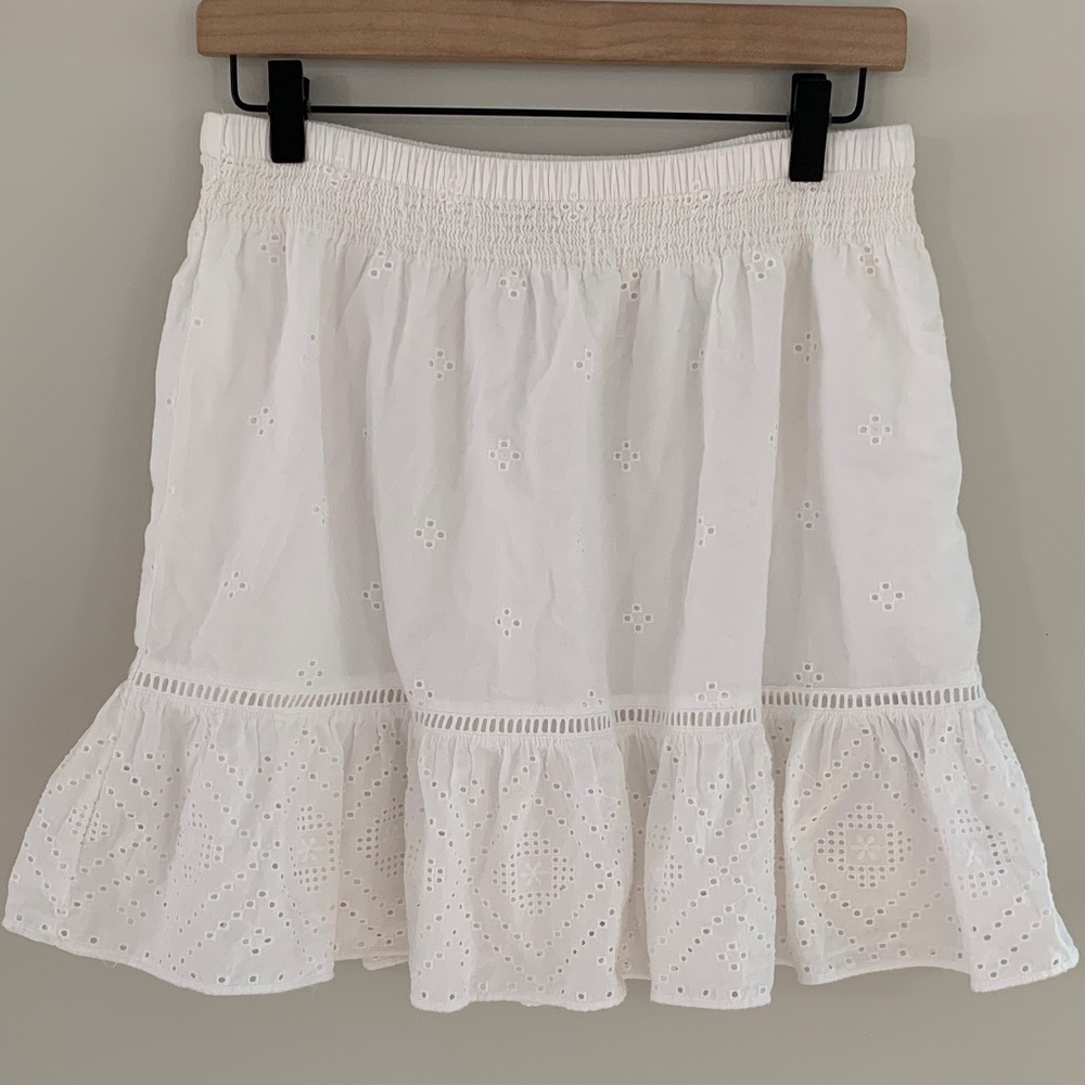 Madewell Embroidered Eyelet Smock Waist Ruffle Mini Skirt White Size Small